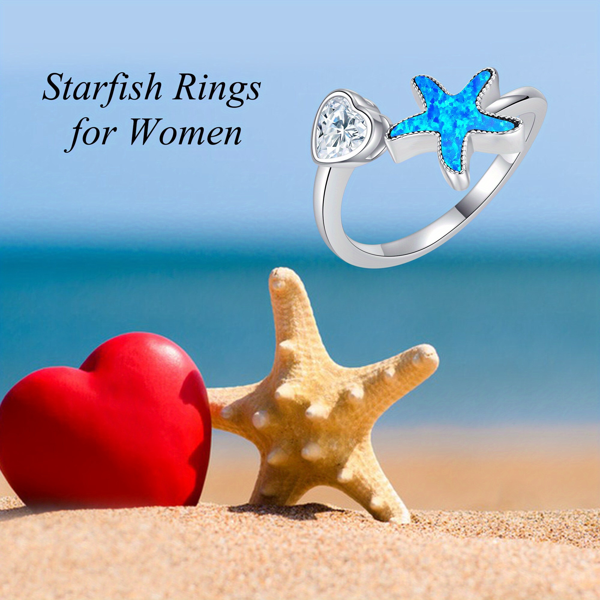 Starfish Ring Sterling Silver Opal Ocean Starfish Jewelry